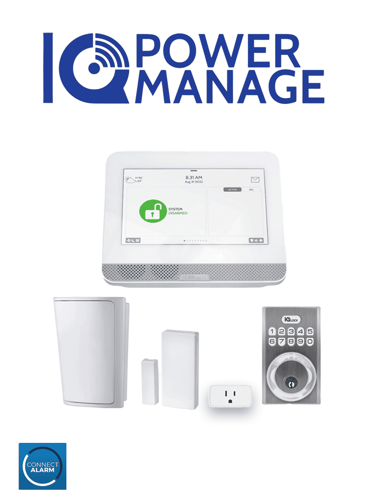 QOLSYS IQ4 HUB POWER MANAGE Automation KIT - Paquete que contiene Sistema IQ 4 HUB POWER MANAGE, con pantalla táctil de 7",  1 sensor PIR inalámbrico PG9914, 1 sensor magnético inalámbricos PG9303, 1 enchufe inteligente y una cerradura Power G #IQPM