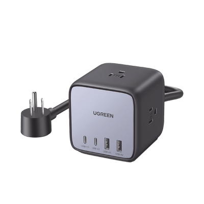Multicontacto de Escritorio USB y Tomacorriente / 2 Puertos USB-C / 2 Puertos USB-A / 3 Tomacorriente de CA / Tecnología GaN II / USB 65W PD / Carga Rápida / Diseño Innovador en Forma de Cubo / Interruptor de Apagado.