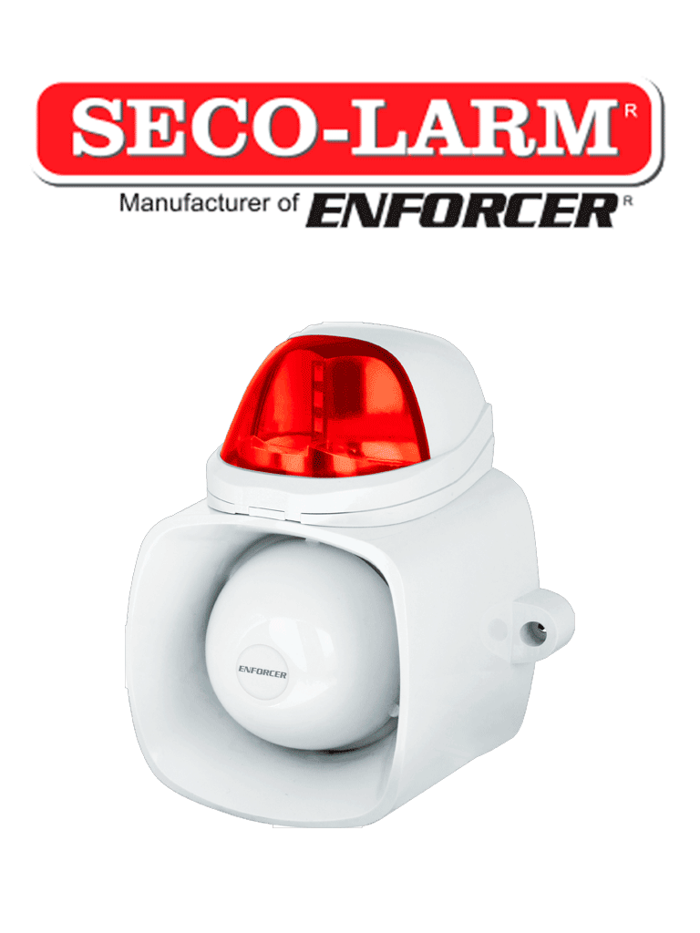 Seco-Larm SH816SSMQR- Sirena autónoma de  115 dB con altavoz de 20W con entrada de audio para emisión de mensajes y grabacion de audio MP3 / WAV IP65. estrobo roja.