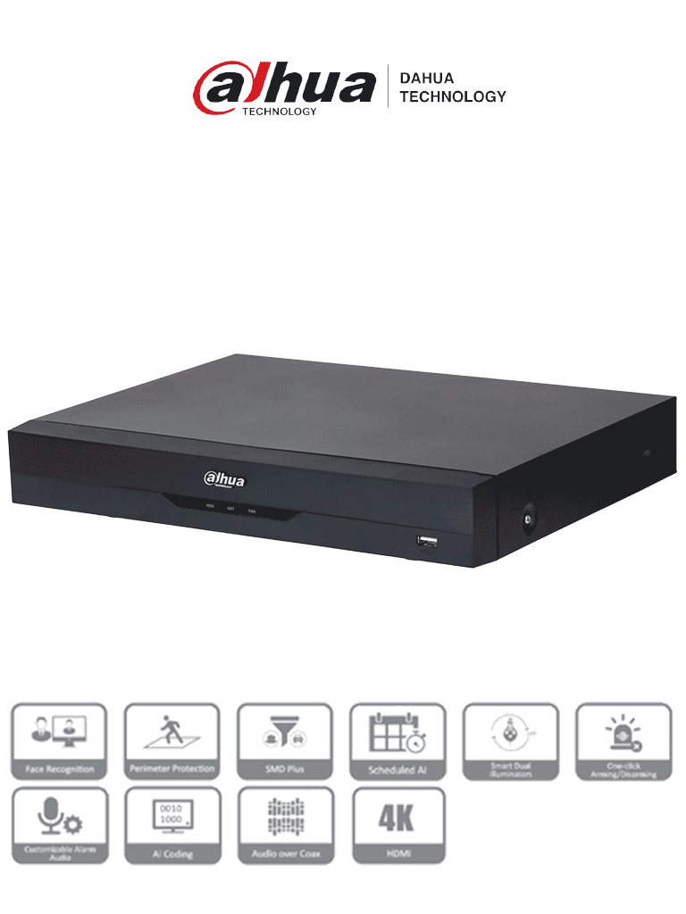 DAHUA XVR5116HE-4KL-I3 - DVR 16 Canales 4K con IA, WizSense, H.265+, 16 Canales HDCVI+IP (32 Ch máx.), Reconocimiento Facial, SMD Plus, Protección Perimetral, 16&3 E&S Alarma, 1 Puerto SATA.