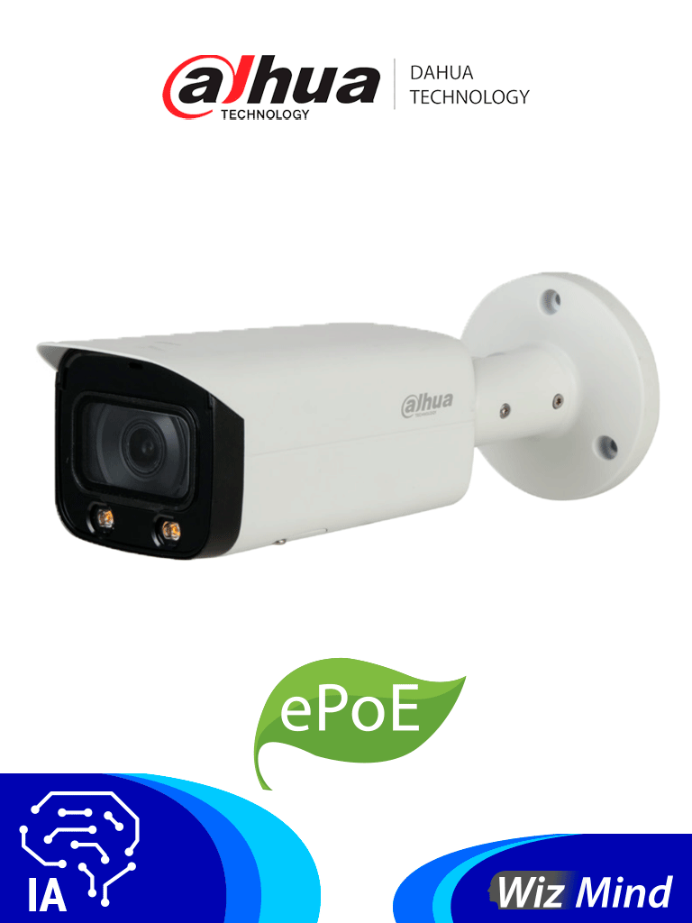 DAHUA IPC-HFW5241TN-AS-LED-0280B - Cámara IP Bullet Resolución de 2 MP/ Lente 2.8 mm/ ∢ 106°/ IR 50 mts/ IA WizMind/ Detección Facial/ Protección Perimetral/ Conteo de Personas/ Starlight/ PoE/ WDR/ H.265/ IP67/ E&S Alarma/ E&S Audio/