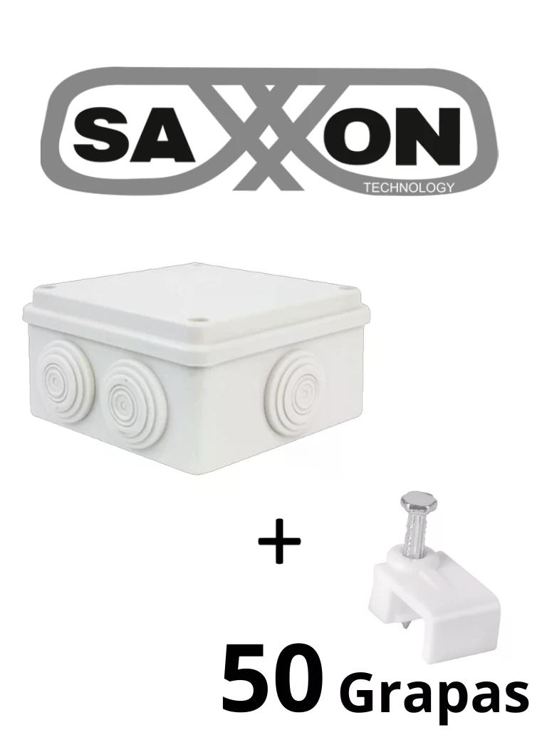 SAXXON SWD010LMG5MMC - Paquete de Caja de Conexiones 7 Entradas 100x100x70mm con Bolsa de Grapas Cuadradas de Pared de 6mm de alto Color Blanco 50 piezas