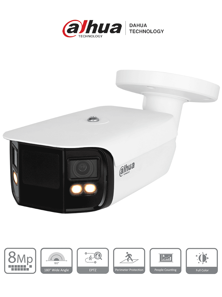 Dahua IPC-PFW5849-A180-E2-ASTE - Cámara IP Bullet 4K con multivisión en color, LED de 40 m y ángulo de 180°. Tecnología H.265, WDR, ROI, y SMD 4.0. Resistente al agua (IP67) con audio y alarma E&S para una vigilancia avanzada y detallada. #XCDAHUA #MV