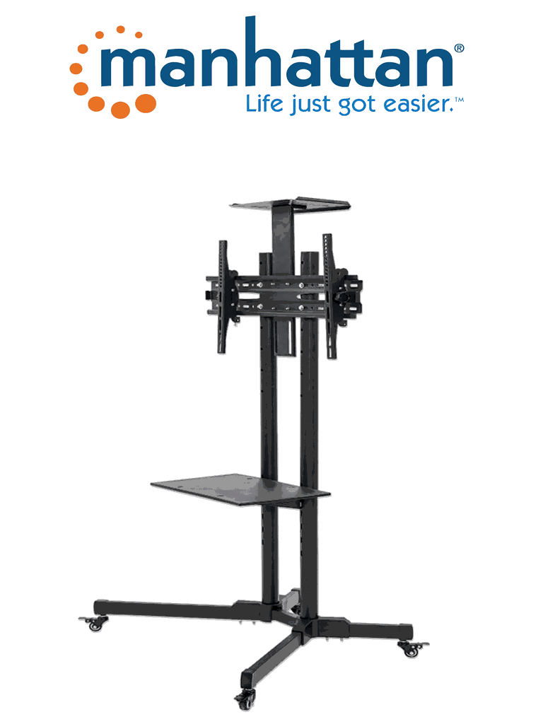 MANHATTAN - 462174 - Soporte de carrito multimedia económico / Para TV de 32" a 65" / Hasta 55Kg / +/- 15°/  altura ajustable / estantes para cámaras y AV / construcción (Sobre Pedido) de acero/ Color negro