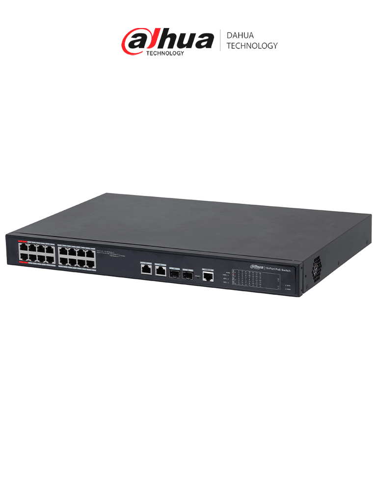 DAHUA DH-PFS4218-16ET-240  - Switch  PoE Administrable de 16 Puertos Ethernet/ 16 Puertos PoE/ 240 Watts Totales/ Interfaz Web/ Puerto 1 y 2 Soportan 90 Watts/ 2 Puertos SFP/ 2 Puertos Uplink/ PoE Watchdog/ Switching 8.8 Gbps/ 