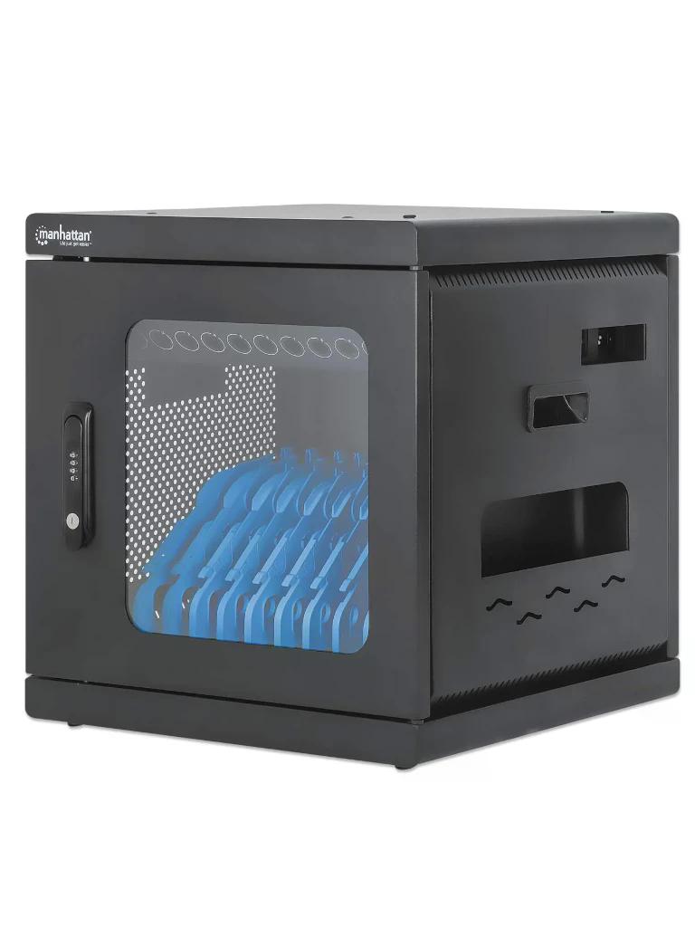 MANHATTAN - 180917 - Gabinete de carga con 10 contactos CA / Amplias ranuras para dispositivos de hasta 15.6", salidas NEMA 5-15R, protección contra sobrecarga, gabinete con cerradura, montaje en pared, Apilable, negro. #PROMOMAYO