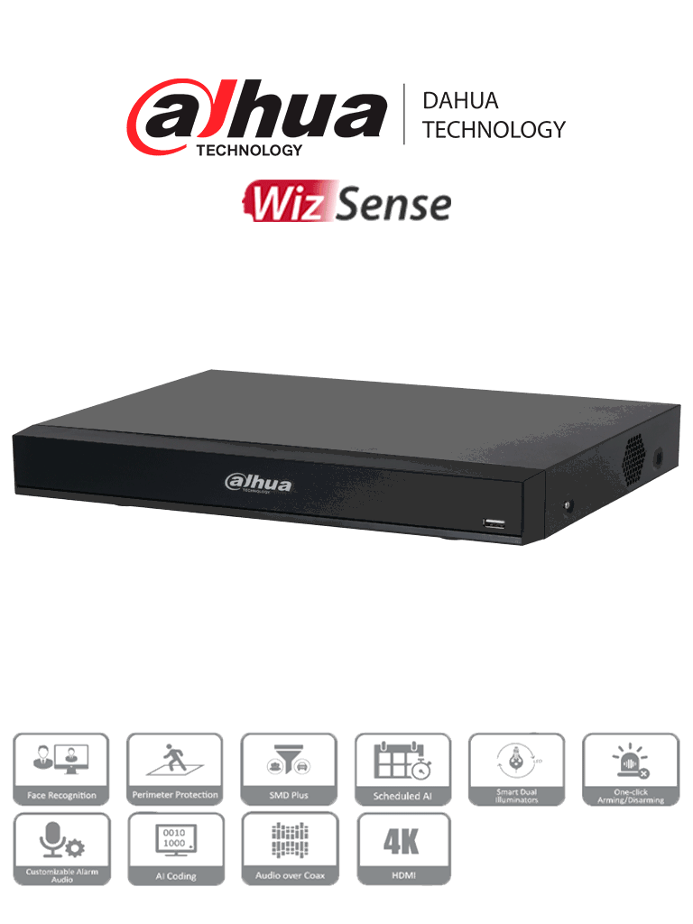 DAHUA DH-XVR7108HE-4K-I3 - DVR de 8 Canales 4k con IA/ H.265+/ 2 Canales de Reconocimiento Facial/ Protección Perimetral/ 8&3 E&S de Alarma/ 1 Bahia de Disco duro hasta 10 TB/ 4 Entradas de Audio/  #ProHDCVI