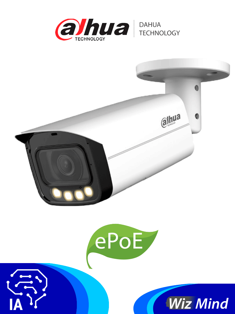 DAHUA DH-IPC-HFW5449T-ASE-LED - Cámara IP Bullet Full Color de 4 Megapixeles/ Lente de 2.8 mm/ 60 Metros de Iluminación/  Micrófono Integrado/ Detección Facial/ Conteo de Personas/ Protección Perimetral/ ePoE/ IP67/ E&S de Alarma/ Ranura para Micro SD