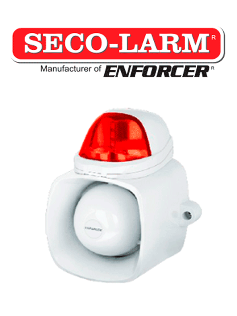 Seco-Larm SH816SSQR- Sirena autónoma de 120 dB  . Altavoz de 25W con entrada de audio para emisión de mensajes   IP65 estrobo rojo