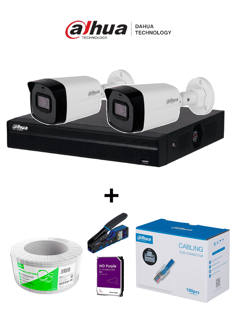 Bundle NVR+2BulletIP -Compra 1 NVR NVR1104HS-P-S3 de 4 Canales y llévate mas 2 cámaras IPC-B1E20  / Bobina de 100 metros/ Caja con 100 Plugs/ Pinza de corte  de Plugs/ Disco duro de 1TB/ #MiPrimerIP