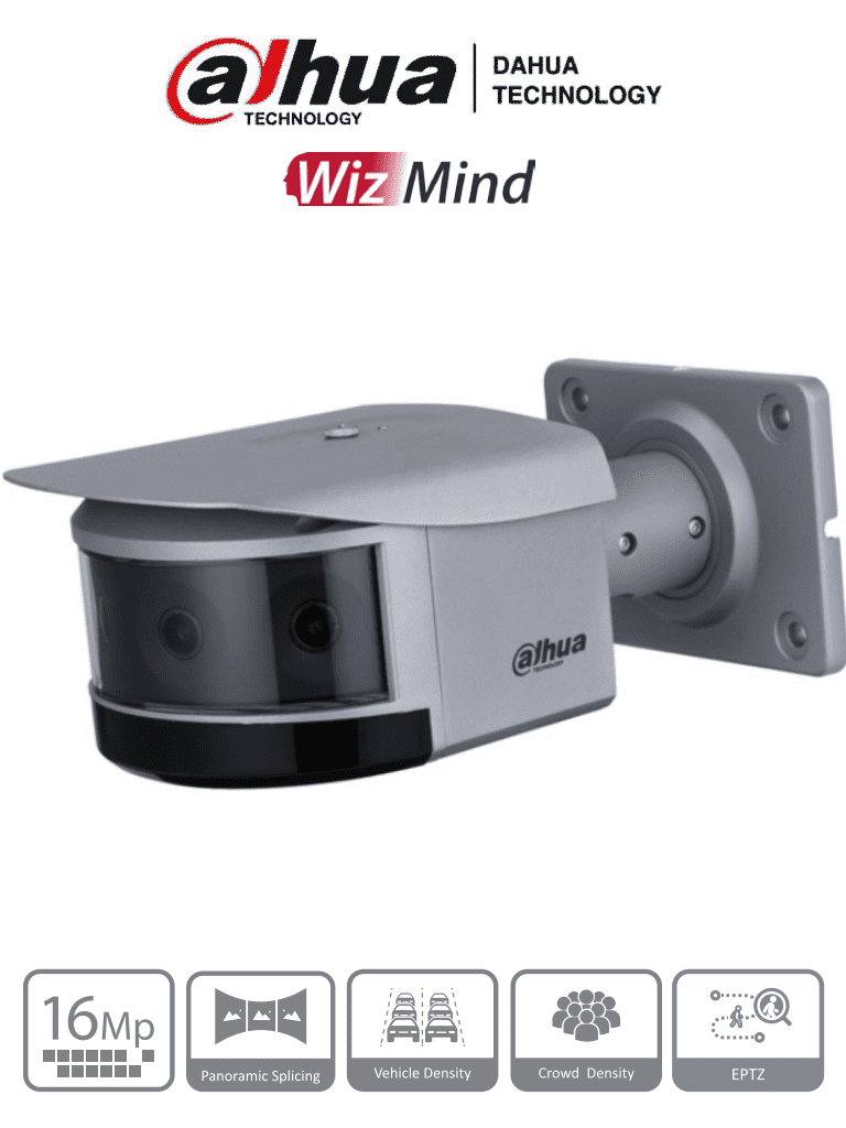 DAHUA IPC-PFW81642-A180 - Cámara IP Panorámica de 16 MP ofreciendo multivisión y 4 lentes de 4 MP cada uno. Ofrece análisis avanzado de densidad de vehículos y multitudes, ranura MicroSD, E/S de alarmas y audio, y clasificación IP67/IK10. #Pano180 #MV