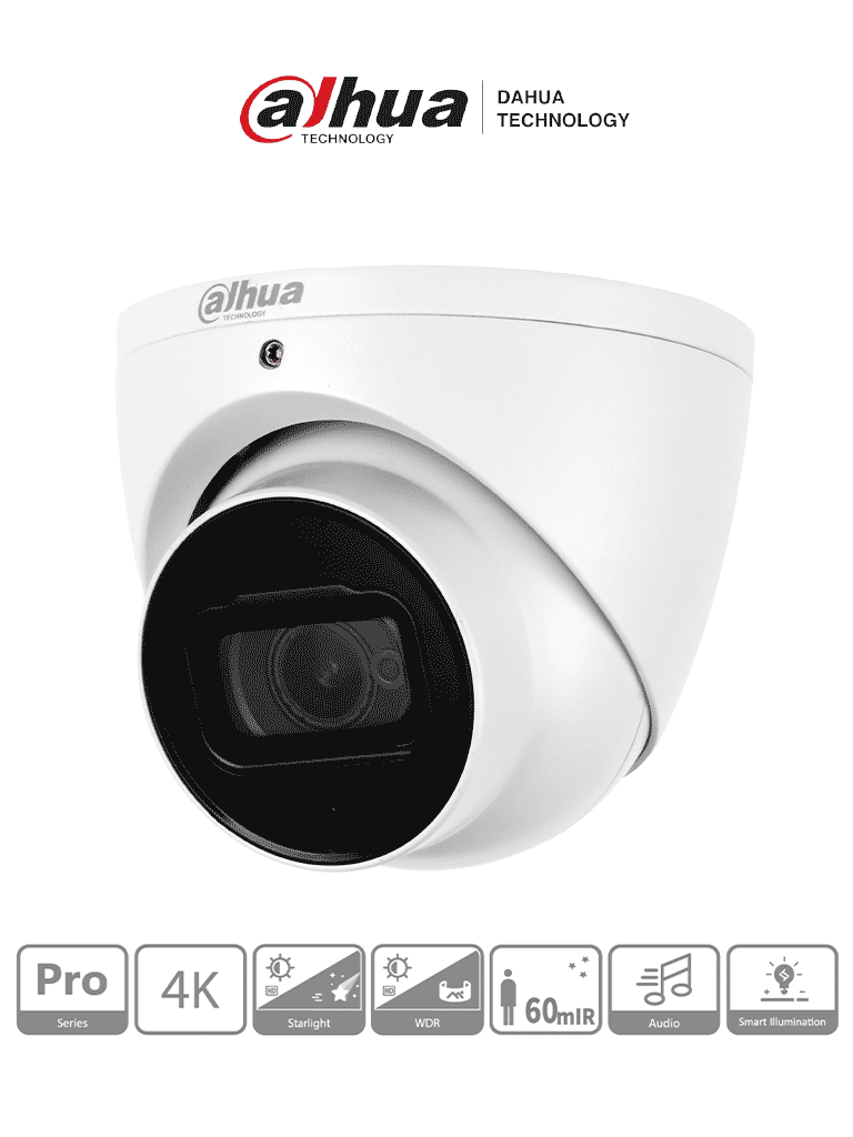 DAHUA HDW2802T-A -Cámara Domo EyeBall 4K Starlight de 8MP, lente de 2.8 mm, IR de 50m, WDR real 120 dB, IP67. Ideal para vigilancia en alta resolución con excelente rendimiento en condiciones de poca luz y protección robusta contra el clima #MCI2 #MCC