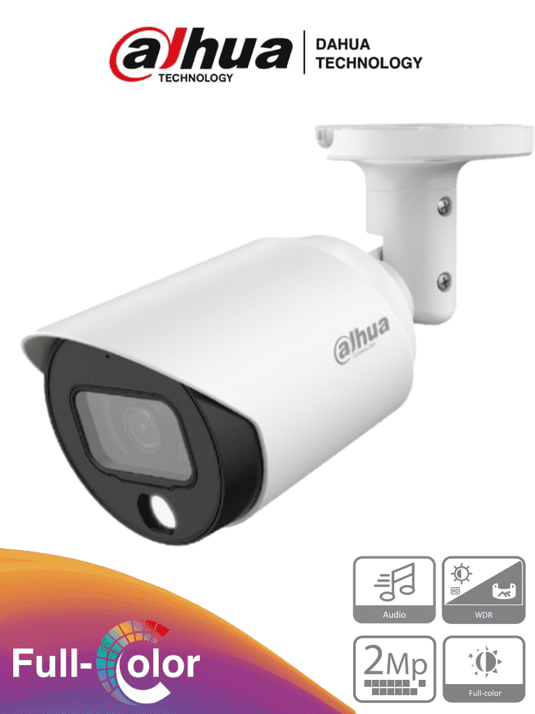 DAHUA HAC-HFW1239T-A-LED - Camara Bullet Full Color de 2 Megapixeles/ 1080p/ Microfono Integrado/ Lente de 3.6mm/ Metalica/ WDR Real de 130 dB/ Leds para 20 mts/  IP67/ Starlight/