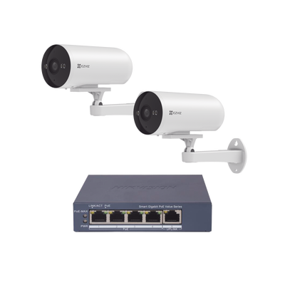 Kit de cámaras WiFi Para Uso en Exterior / 2 piezas CS-H5/3MP/ POE Af / 1 Pieza de Switch DS-3E1505P-EI/M / Vision Nocturna a Color / IP67 / Audio Bidireccional / Luz y Sirena / 4 Puertos 1000 Mbps PoE+ / 1 Puerto 1000 Mbps Uplink