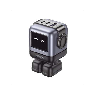 Cargador RobotGaN de 65W Serie UNO | 3 Puertos de Carga Rápida | 2 USB-C | 1 USB-A | PD 3.0 | QC 4.0 | Carga Inteligente | Tecnología GaN II | Zapato Magnético Extraíble | Carcasa Ignifuga | Pantalla LED