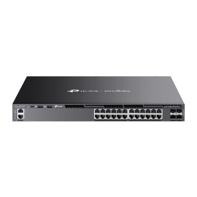 Switch Omada L3 SDN Administrable / 24 puertos PoE af/at Gigabit y 4 puertos SFP+ / Presupuesto PoE 720W / Funciones RIP, VVRP, Servidor DHCP / Administración centralizada OMADA / Fuente Redundante