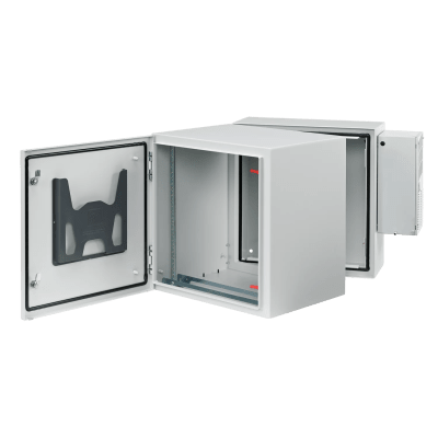 Gabinete Industrial ProTek de Puerta Sólida, Con Aire Acondicionado de 4000 BTU, Protección NEMA Tipo 4/12/4X; IP66; IK10, Abatible, Fabricado en Acero, 19 UR, Color Gris Claro