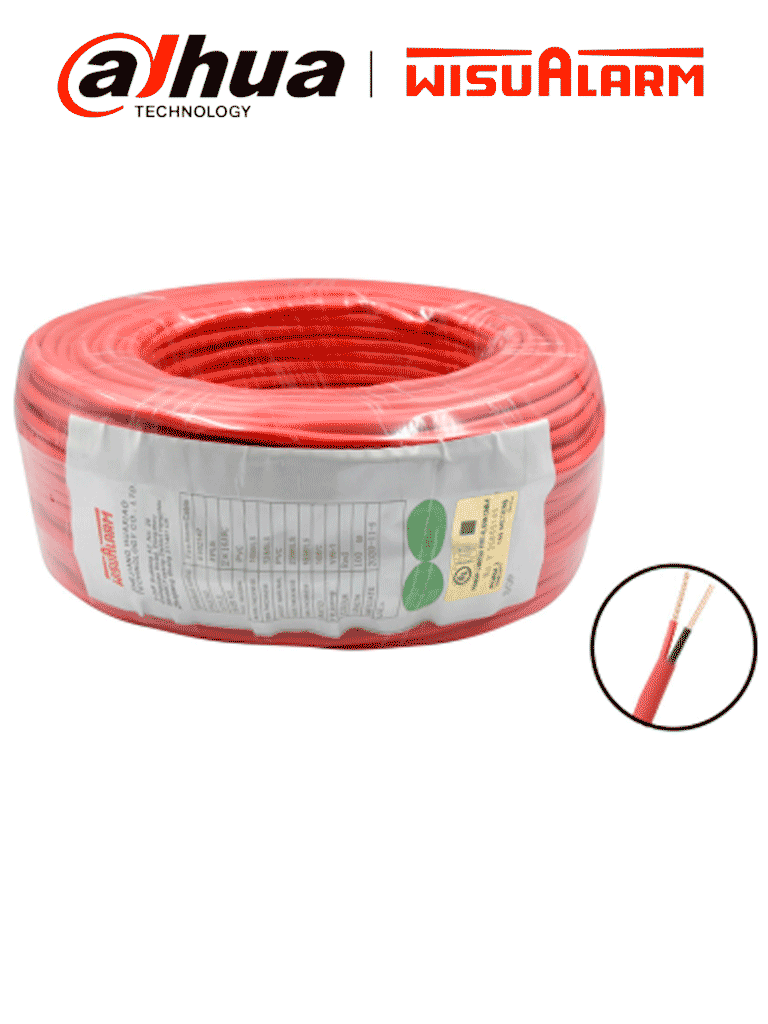 DAHUA 2X16AWG-U- Bobina de 305 metros de cable sin blindaje para alarma de Incendio, Listado por UL, Revestimiento de PVC UL105 °C de alta resistencia al fuego, Fabricado con aislamiento de cloruro de polivinilo UL105 °C altamente ignífugo