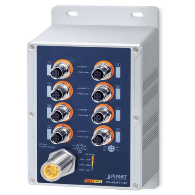 Switch Industrial IP67 8 Puertos 10/100TX M12 / IEEE 802.3at PoE+ / 180W PoE Budget / -40~75°C / Aluminio / DIN-Rail y Montaje en Pared / 6KV Protección ESD y Surge
