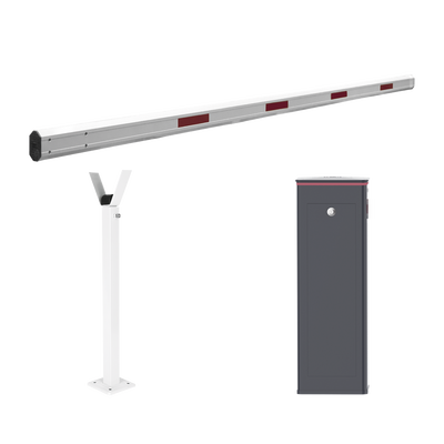 Kit de Barrera Vehicular Izquierda y Brazo Telescópico de Hasta 5.5 m / Finales de Carrera Ajustables por Programación / Movimiento Fluido / Diseño Elegante Color Gris / Con Corona Led Semaforizada