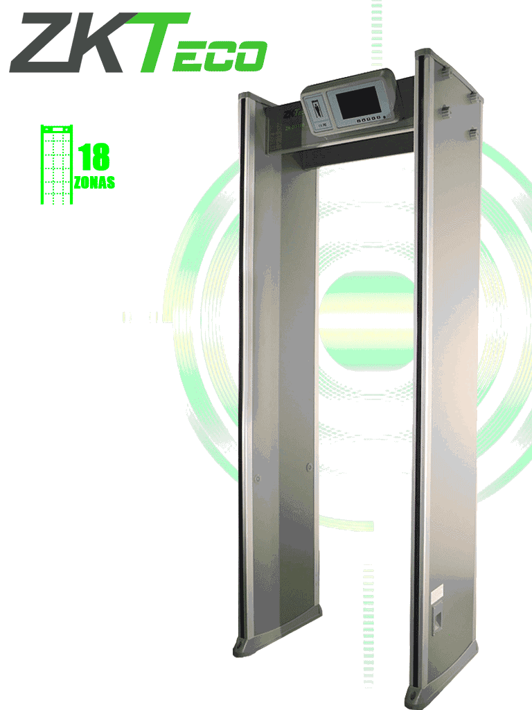 ZKTECO D3180 - Arco detector de metales con 18 zonas de detección, pantalla LCD de 7", 500 niveles de sensibilidad por zona, contador de alarmas y personas, protección por contraseña, indicadores LED y material a prueba de fuego.