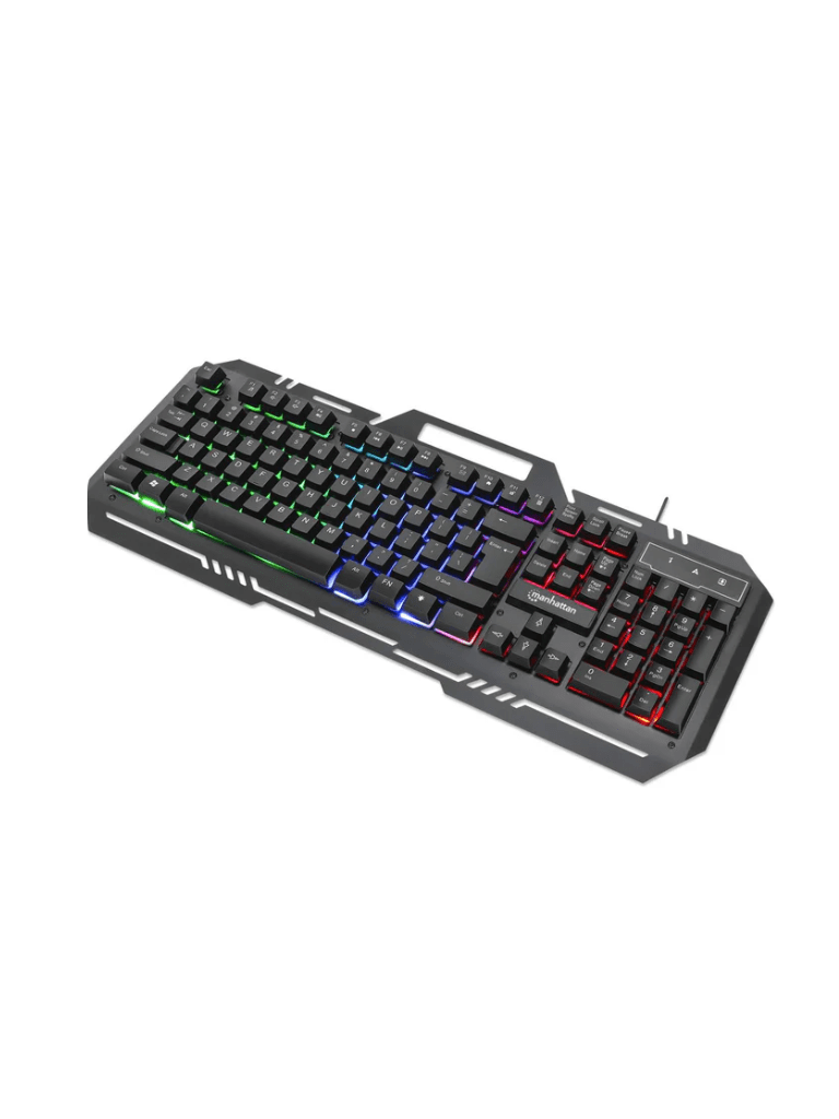 MANHATTAN 180610 - Teclado Gaming LED con pánel metálico para celular 12 teclas de función, Conexión USB, Teclado en Español con retroiluminación Rainbow-LED (multicolor), soporte para teléfono, IPX4 (resistente a salpicaduras), negro