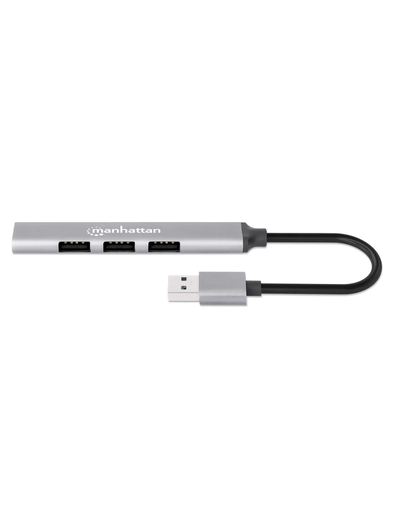 MANHATTAN -168427 - Hub USB combinado con 4 puertos Tipo A / Conector USB-A macho a cuatro puertos USB-A hembra, un puerto USB 3.2 Gen 1 (antes USB 3.0) de 5 Gbps y tres puertos USB 2.0 de 480 Mbps, alimentación por bus, aluminio, gris espacial