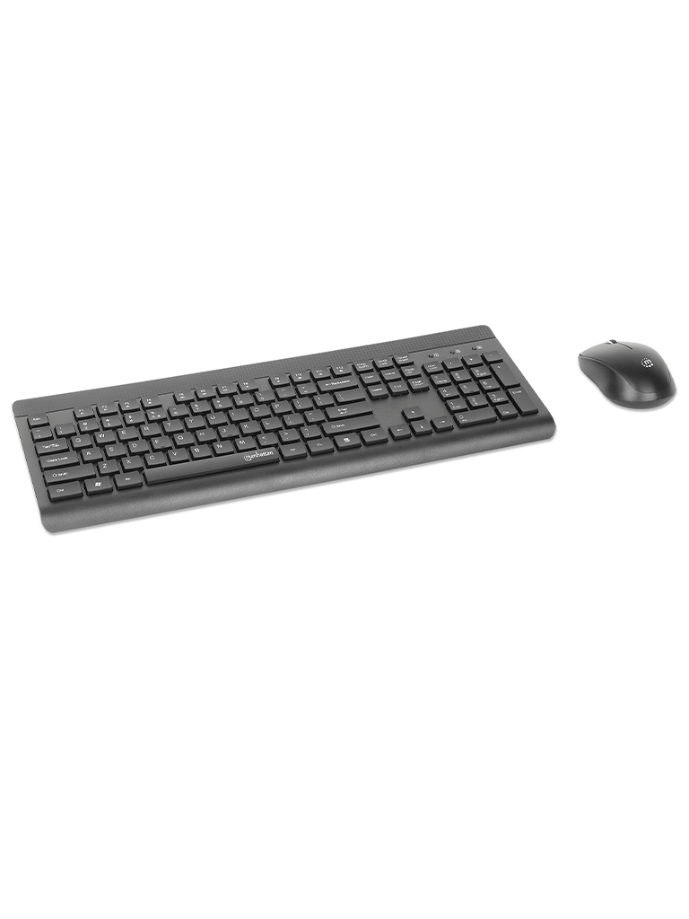 MANHATTAN - 180771 - Kit de teclado y mouse óptico inalámbricos / Un solo receptor USB-A Nano para ambos, teclado inalámbrico con 12 teclas multimedia/función, mouse óptico ambidiestro con tres botones y rueda de desplazamiento, 1200 ppp, negro