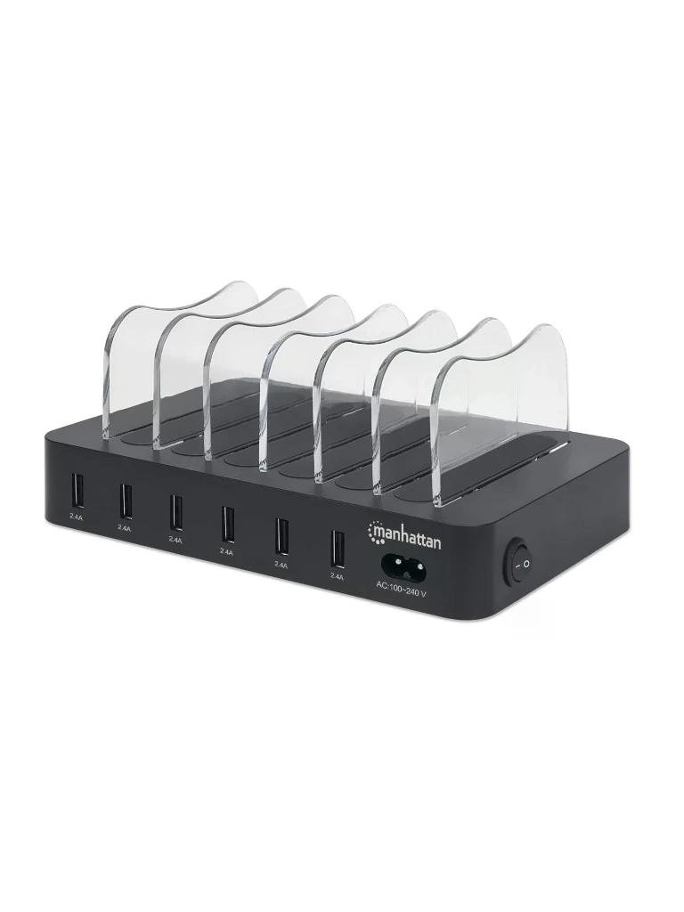 MANHATTAN - 102254 - Estación de carga con 6 puertos USB / Seis puertos USB-A, hasta 5 V / 2.4 A por puerto, 50 W de salida en total, negro