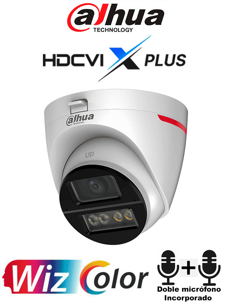 DAHUA DH-HAC-HDW1549XN-A-PRO - Cámara Domo 5MP WizColor/ Imagen 24 Horas a Color/ Corrección de Dist de Imagen Mediante IA/ Iluminador Int con Luz Calida/ Hasta 50m Ilumin/ Doble Mic Incorp/ Campo de Visión de Hasta 101°/ WDR Real/ Policarbonato + Metal
