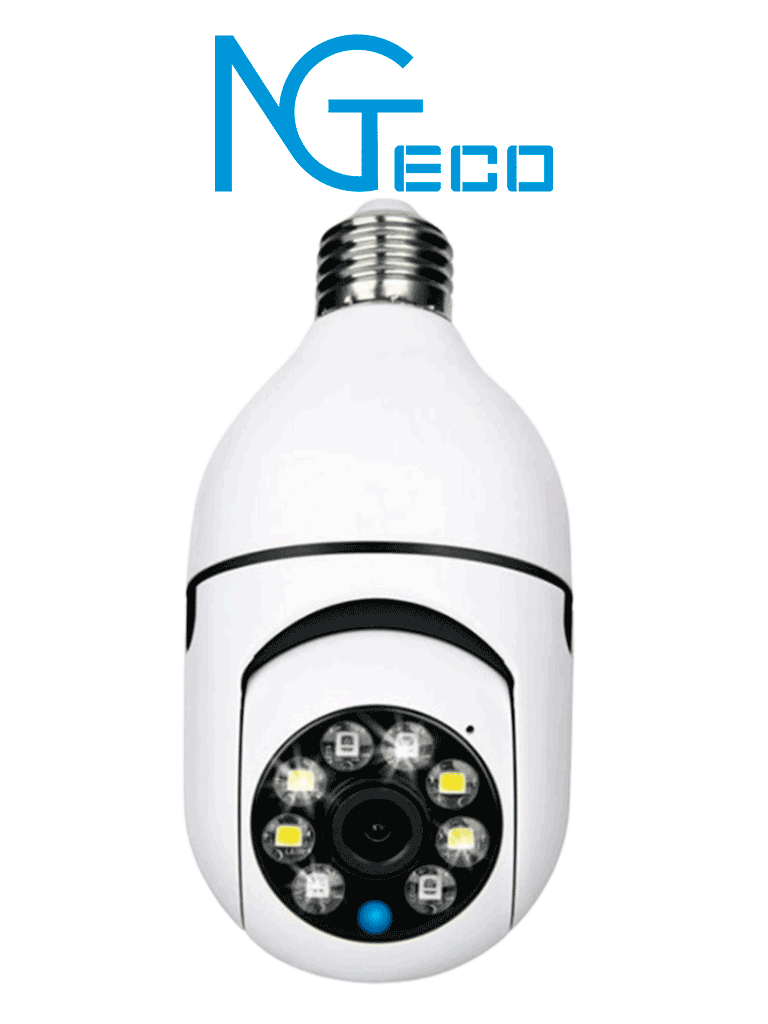 NGTECO NGSH01C2IN - Foco con Cámara Inteligente WiFi / 2MP / Visión PTZ 355° / Lente HD 4mm / Visión Nocturna IR + Luz Blanca / Audio 2 Vias / Almacenamiento Local y en la Nube / Onvif / Compatible con Alexa y Asistente de Google
