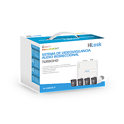 KIT TurboHD 1080p / DVR 4 canales / 4 Cámaras Bala de Metal / H.265+ / 1 Fuente de Poder Profesional / Accesorios de Instalación