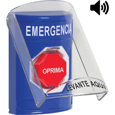 ​Botón Multipropósito, Color Azul, De Superficie, Con Tapa De Policarbonato, Con Bocina Pre Alarma, Solo Interior, Llave Para Restablecer, Texto De Emergencia, Español