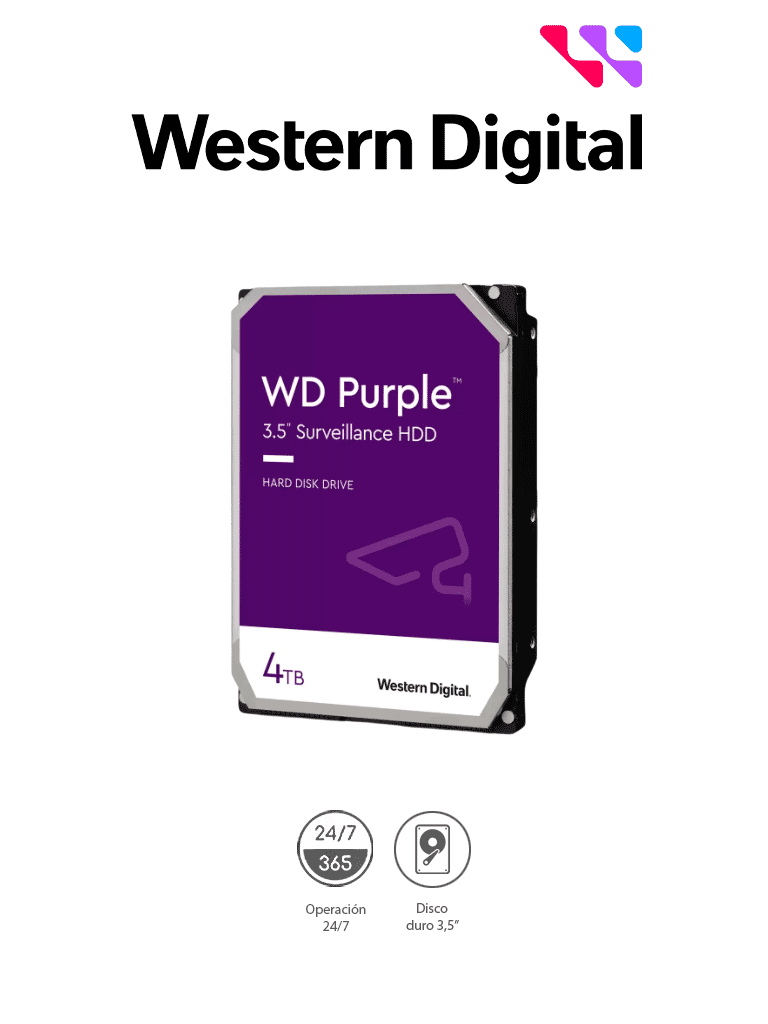 WESTERN DIGITAL WD44PURZ -  Disco Duro de 4TB Purple/ Especial para Videovigilancia/ Trabajo 24/7/ Interface: Sata 6 Gb/s/ Hasta 64 Cámaras/ Hasta 16 Bahías de Discos Duros/ 180Mb/S /3 Años de Garantía