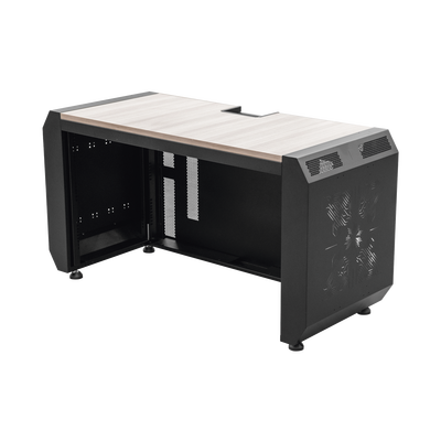 Consola Profesional para Monitoreo o Computo | Ranura para Base de Monitores | Microperforaciones | Luces LED Decorativas | Tomacorriente HTCM1U10C | Tapas Organizadoras de Cables | Niveladores | Rack para Montaje de Equipos | Ranura Pasaca