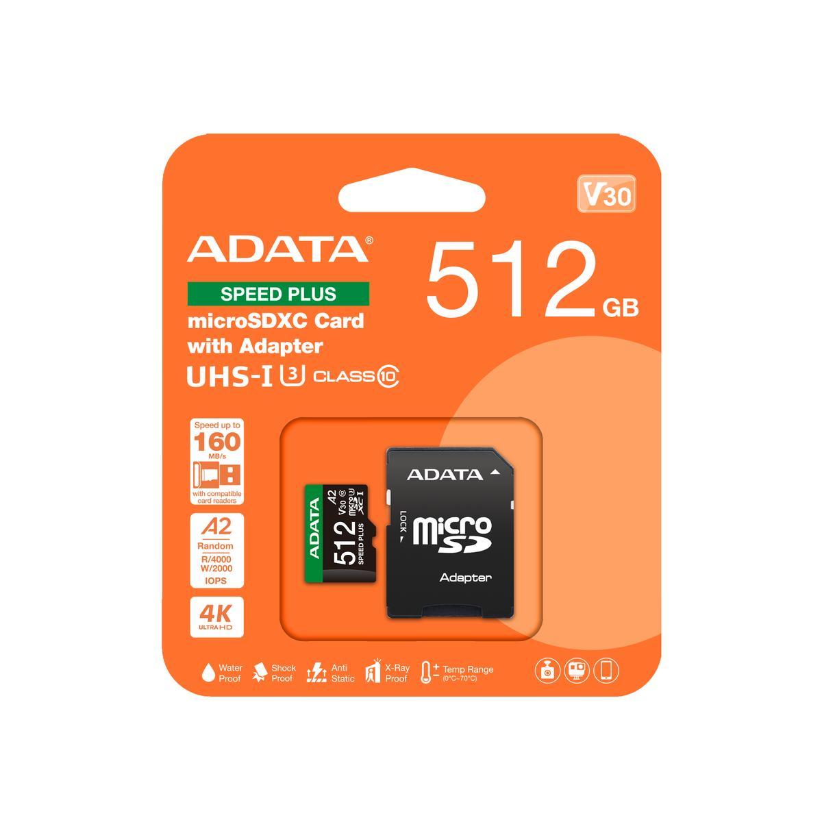 MEMORIA MICROSDXC ADATA 512GB U3 V30S SPEED PLUS (UD512GUI3V30A2SP-RA1)