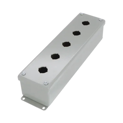 Gabinete Tipo Pushbutton, De 5 Botones de 22.5 mm, NEMA 12, IP65, de 317 x 83 x 70 mm, de Acero, Color Gris