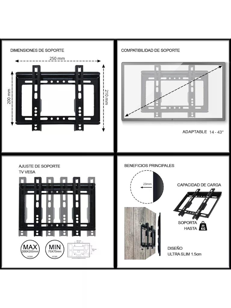 TCE LMDM1940W - Soporte de Pared Fijo para Pantallas de 14 a 43” Carga 20 Kg, VESA 100x100mm / 200x200mm, Color Negro - Imagen 3