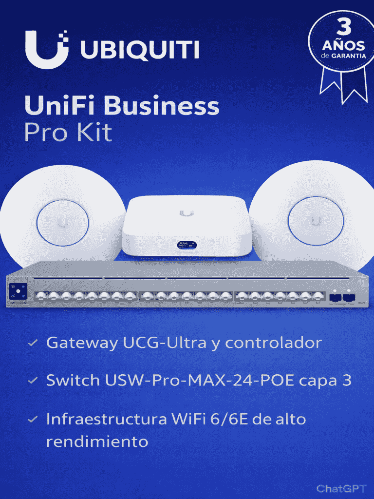 UBIQUITI UniFi Business Pro Kit - Solución empresarial que integra UCG-Ultra como gateway y controlador, switch USW-PRO-MAX-24-POE capa 3 con PoE++ y 2.5G, más WiFi 6/6E con U6-PRO y U6-ENTERPRISE, ofreciendo alto desempeño, seguridad y escalabilidad.