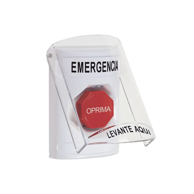 ​Botón Multipropósito, Color Blanco, De Superficie, Con Tapa De Policarbonato, Con Bocina Pre Alarma, Solo Interior, Llave Para Restablecer, Texto De Emergencia, Español