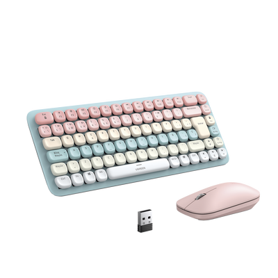 Paquete de Teclado y Mouse | 85 teclas en Español | Bluetooth y 2.4GHz |  Mouse Ambidiestro  | Sensor de DPI ajustable | Efectos de Iluminación del Teclado | Amplia compatibilidad | Color Rosa.