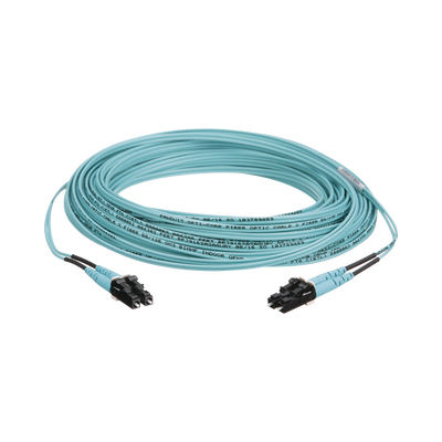 Jumper de Fibra Optica Multimodo 50/125 OM3, LC-LC Duplex, OFNR (Riser), Color Aqua, 30 Metros (98.43 Pies)