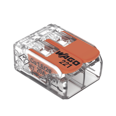 Borna de Conexión / Serie 221 / Palancas Naranja / 2 Conductores 4 mm² / Carcasa Transparente / 300V 20A / T85 / UL ENEC Certificado