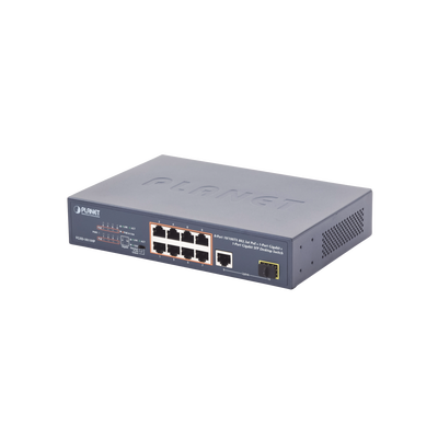 Switch no Administrable 8 puertos 10/100 PoE 802.3af/at 135W, 1 puerto Uplink 10/100/1000 y 1 SFP 100/1000 para escritorio 
