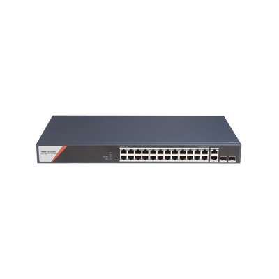 Switch Gigabit PoE+ / Administrable / 24 Puertos 1000 Mbps PoE+ (4 Puertos PoE++ 90 W) / 2 Puertos 1000 Mbps de Uplink / 2 Puertos SFP / Configuración Nube Hik-PartnerPro / Modo Extendido hasta 300 Metros / 370 W