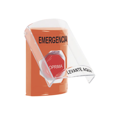 ​Botón Multipropósito, Color Naranja, De Superficie, Con Tapa De Policarbonato, Con Bocina Pre Alarma, Solo Interior, Llave Para Restablecer, Texto De Emergencia, Español