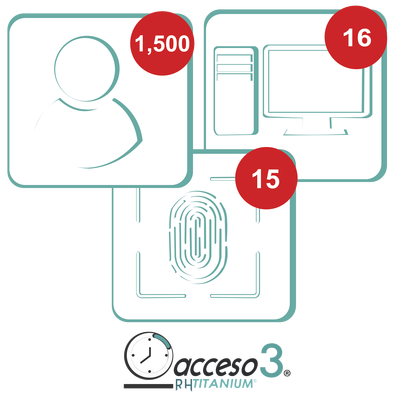 [BAJO PEDIDO] Licencia para software de Tiempo & Asistencia compatible con SISTEMAS DE NOMINA / 1,500 Empleados / 16 Relojes checadores / 16 PC / Acceso3 - TITANIUM