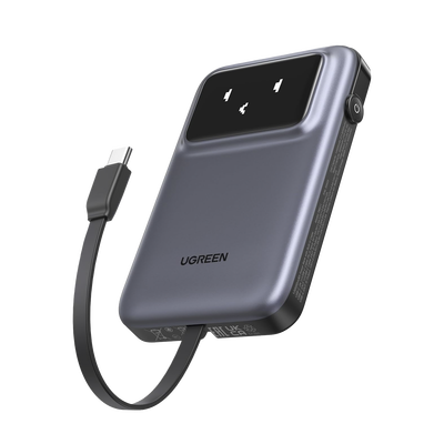 Power Bank Serie Uno |  10000mAh | 30W |  con Cable USB-C Incorporado | 2 Salidas 30W Max. | Pantalla Inteligente | Carcasa Ignifuga | Aprobado por Aerolíneas.| Color Grey.