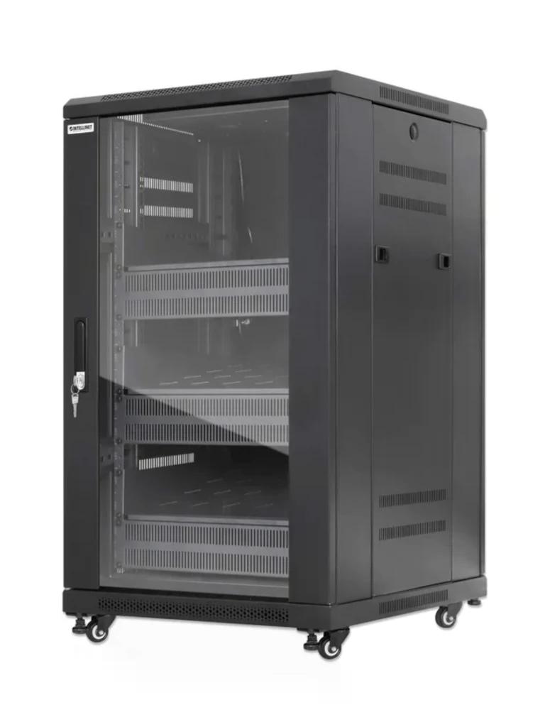 INTELLINET - 716222 - Gabinete 19" Pro Line con extractores de aire, 18U / Frente de 600 mm, unidad de ventilación con dos extractores de aire instalados en el techo, profundidad de 600 mm, Ensamblado, negro RAL 9004