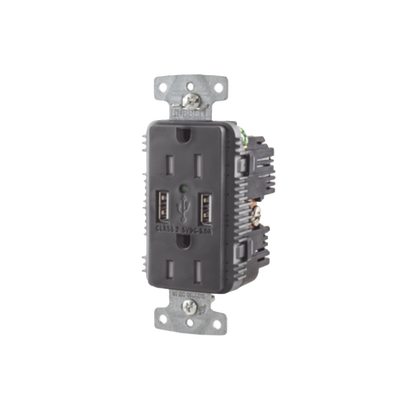 Contacto Dúplex con 2 Puertos USB, 15A 125V, 2 Polos, 3 Hilos, Color Negro. 
